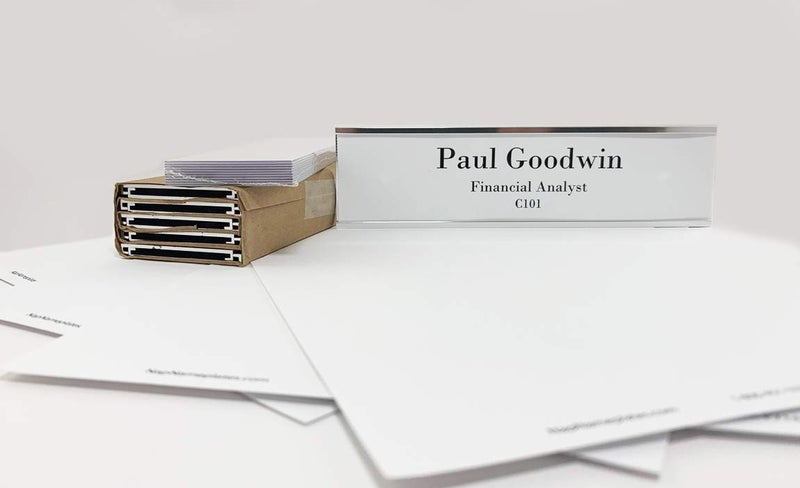 NapTags Wall or Door Nameplate Holder with Clear Plastic Inserts and Perforated Nameplate Inserts - Pack of 10 (Silver, 8" x 2") - Image 1